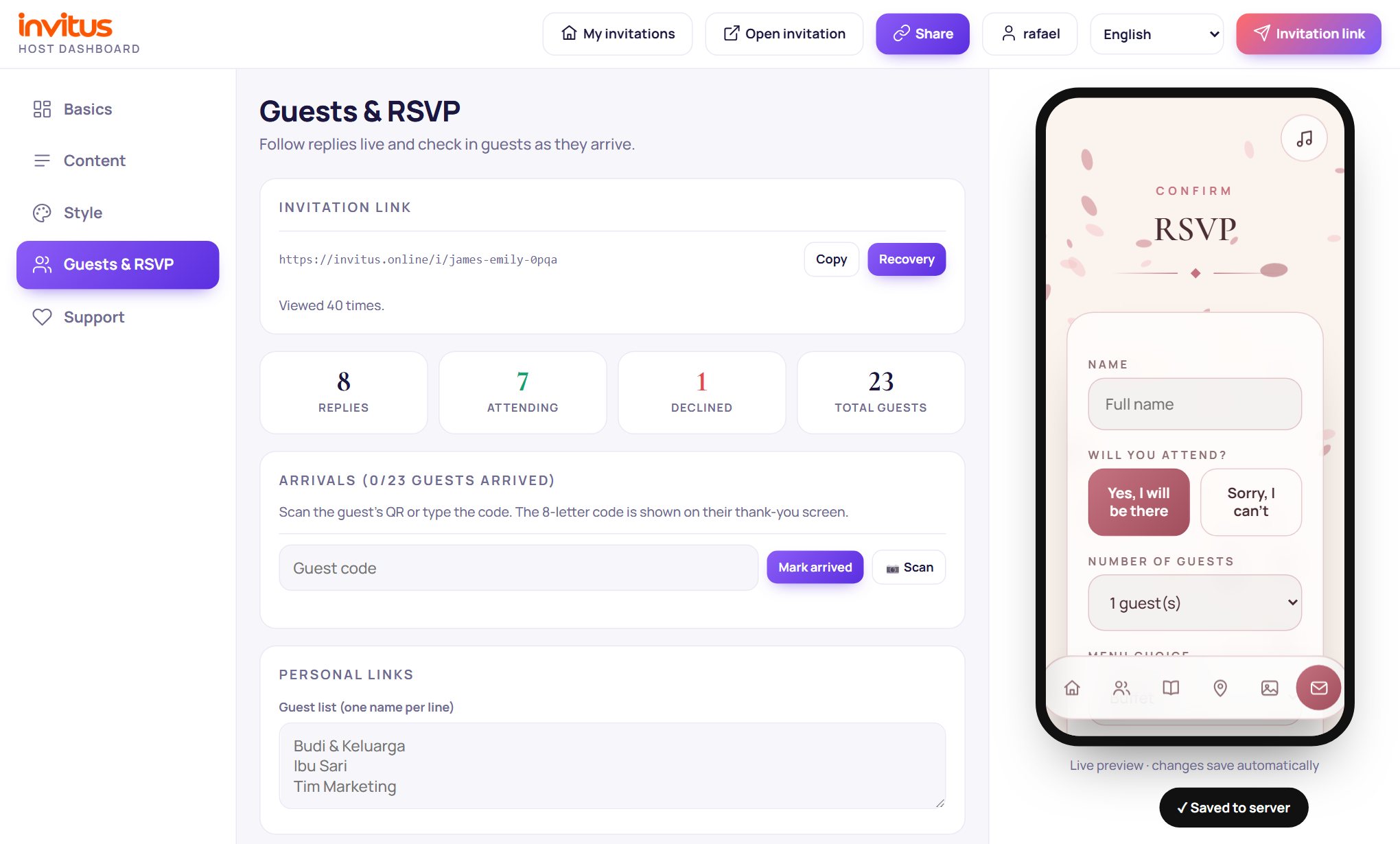 Invitus · Tamu & RSVP